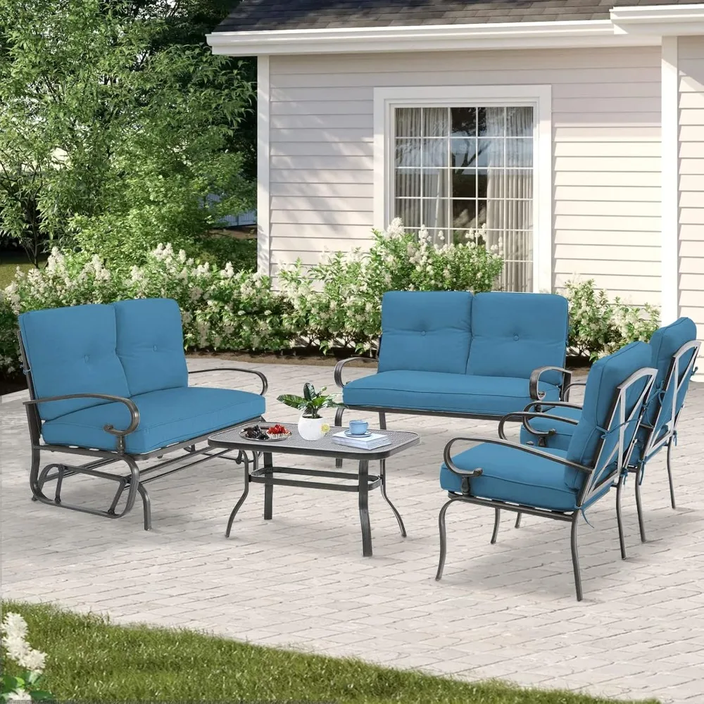 5 pieces outdoor metal furniture set wrought iron patio conversation set, glider, 2 single chairs, loveseat and coffee table