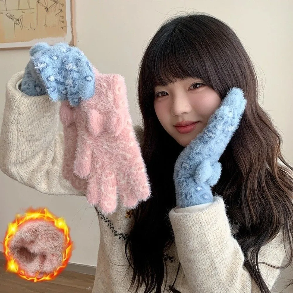 أزياء المنك المخملية خمسة أصابع قفازات ليوبارد طباعة قفازات مقاومة للبرودة الدفء الشتاء القفازات النساء #5