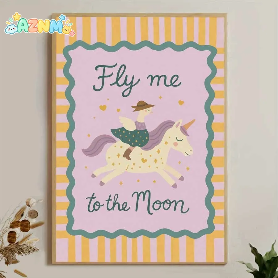 1pc Frameless Canvas Poster Goose Riding Unicorn with Fly me to the Moon Slogan, Cute Animal and Typography Wall Art Canvas P