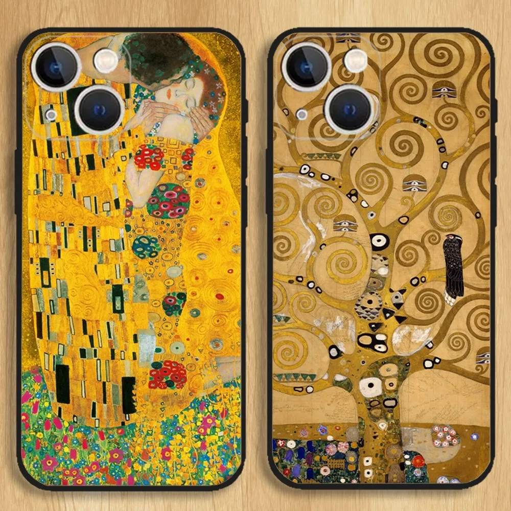 Gustav Klimt Art Phone Case For iPhone 16,15,14,13,12,11,Pro,Max,Plus,Mini,X,XS,XR,8,7,6,S,Plus,SE Soft Black Case