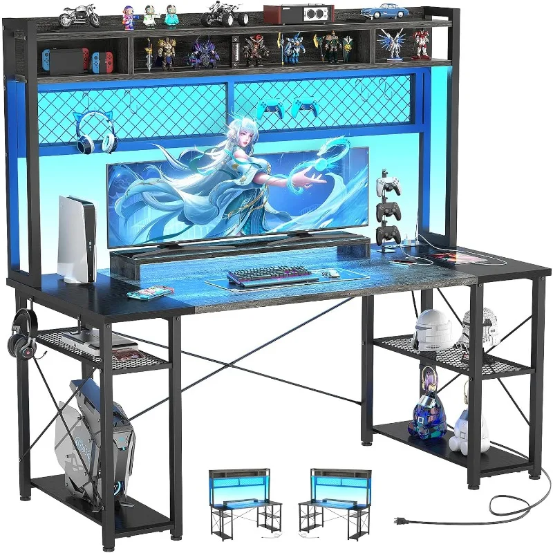 

2024 Upgrade Gaming Desk with Hutch, 55.2'' Magic Computer Desk with LED and Outlets, Reversible Workstation Desk with Pegboard