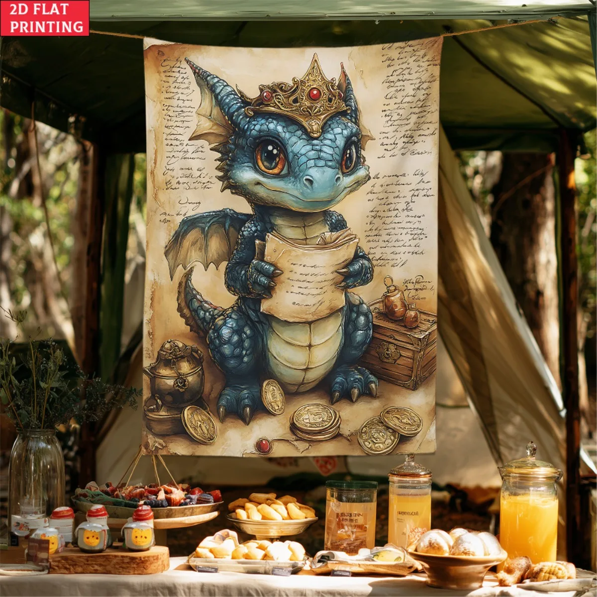 Dragon baby crown treasure fantasy tapestry cute mythical creature wall hanging kids room decor nursery art