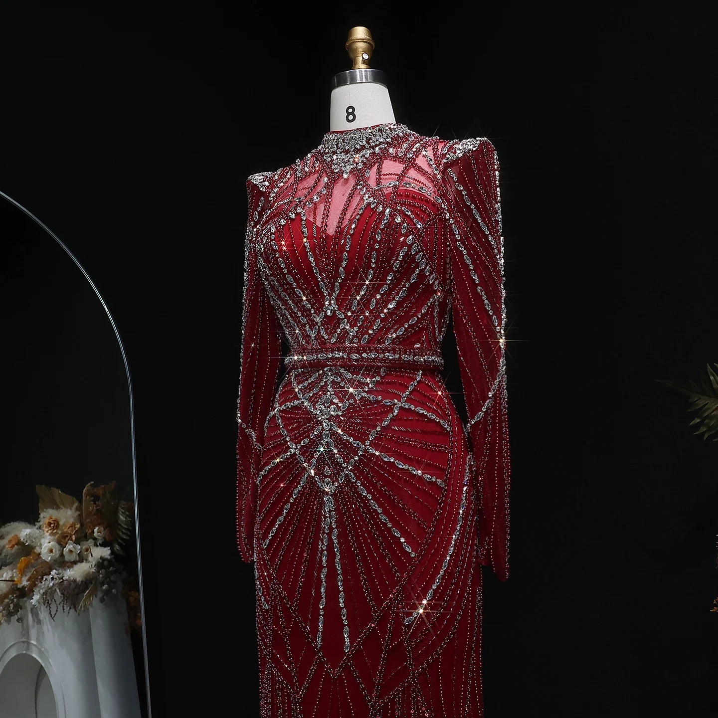 Sharon Said Luxuriöses Weinrotes Abendkleid mit Perlen-Kristall-Verzierung Elegantes Champagner-Festkleid für Damen SS186 Maßanfertigung – Detail 17