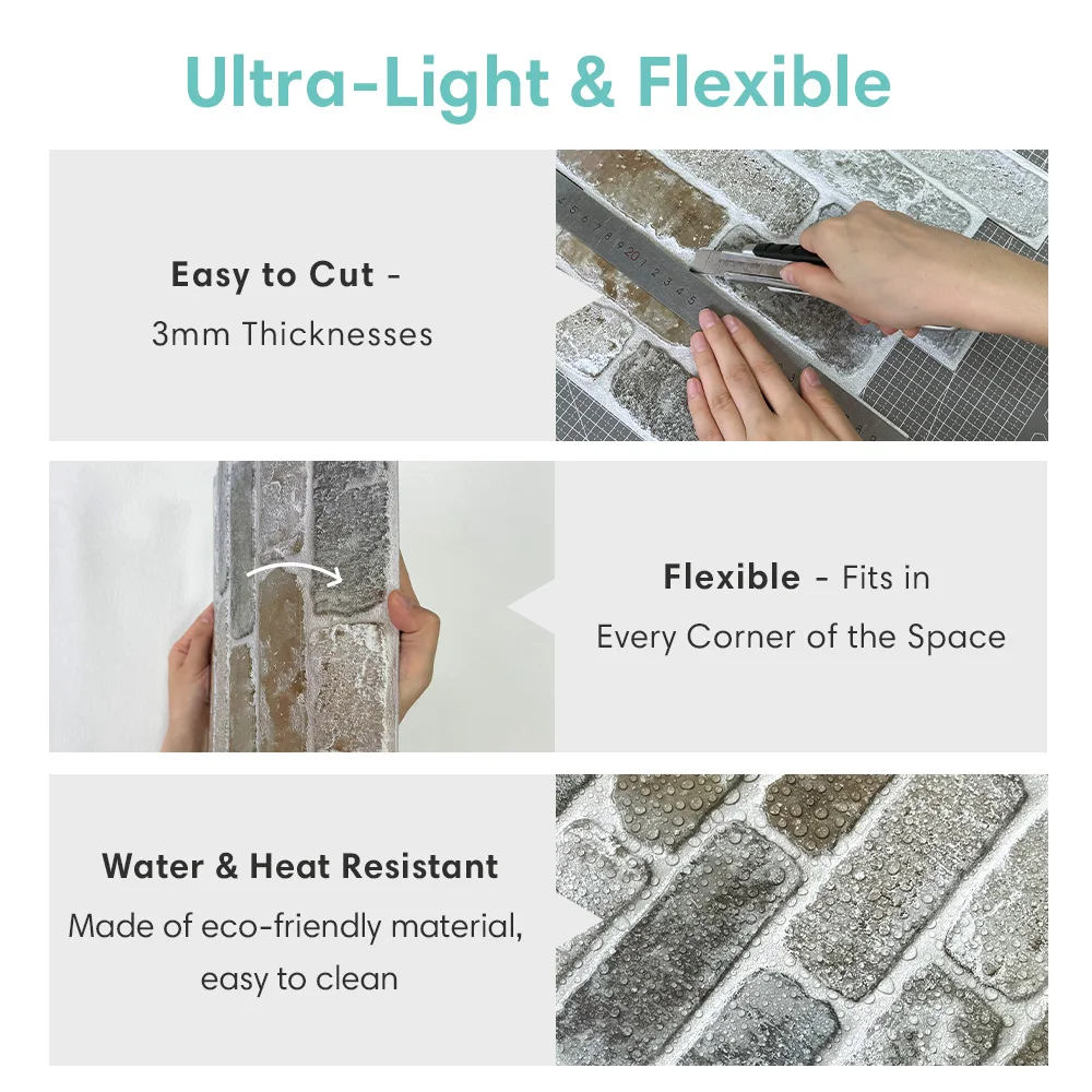 10pcs 3D Brick Wall Stickers Self-adhesive Faux Brick Wall Panels, Matt, Waterproof, 30 x 30cm, Living Room Bedroom Wall Decor