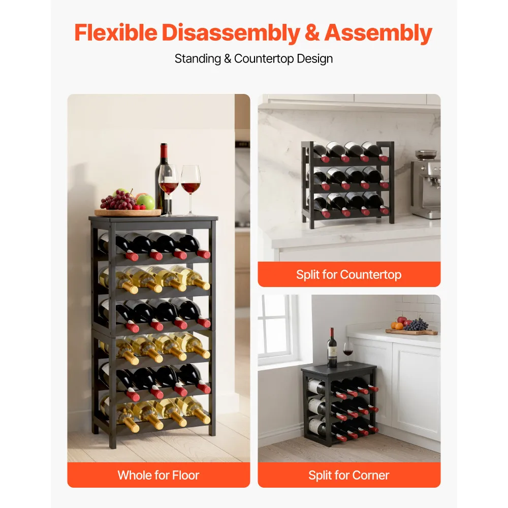 24 Bottle Detachable Wine Rack 6-Tier Freestanding Floor Display Storage Shelves with Table Top Black for Kitchen Cellar Bar