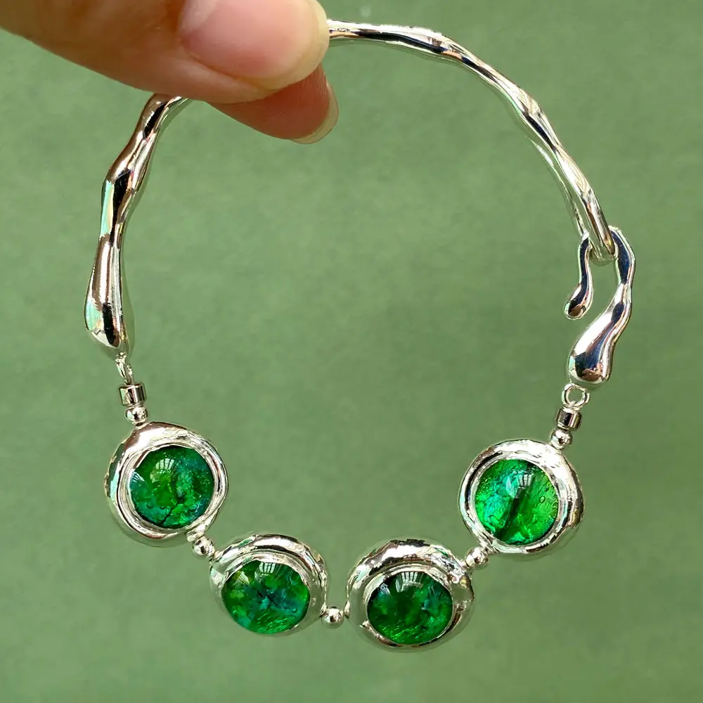Y·YING Green Murano Glass White Gold Plated Bangle Cuff Bracelet Jewelry Femme
