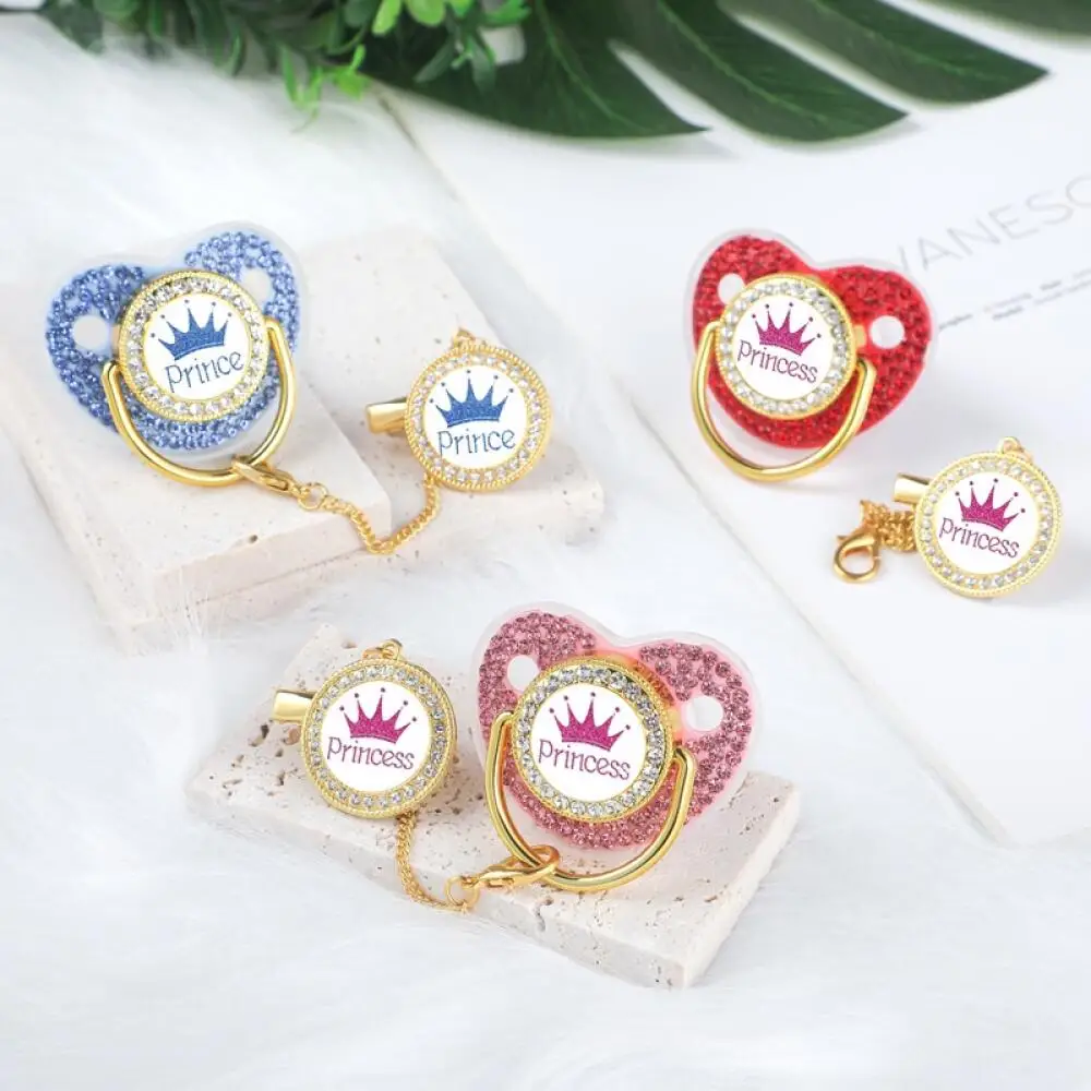 New Diamond Princess Prince Crown Pacifier Photography Accessories 0-3 Years Baby Pacifier with Chain Clip