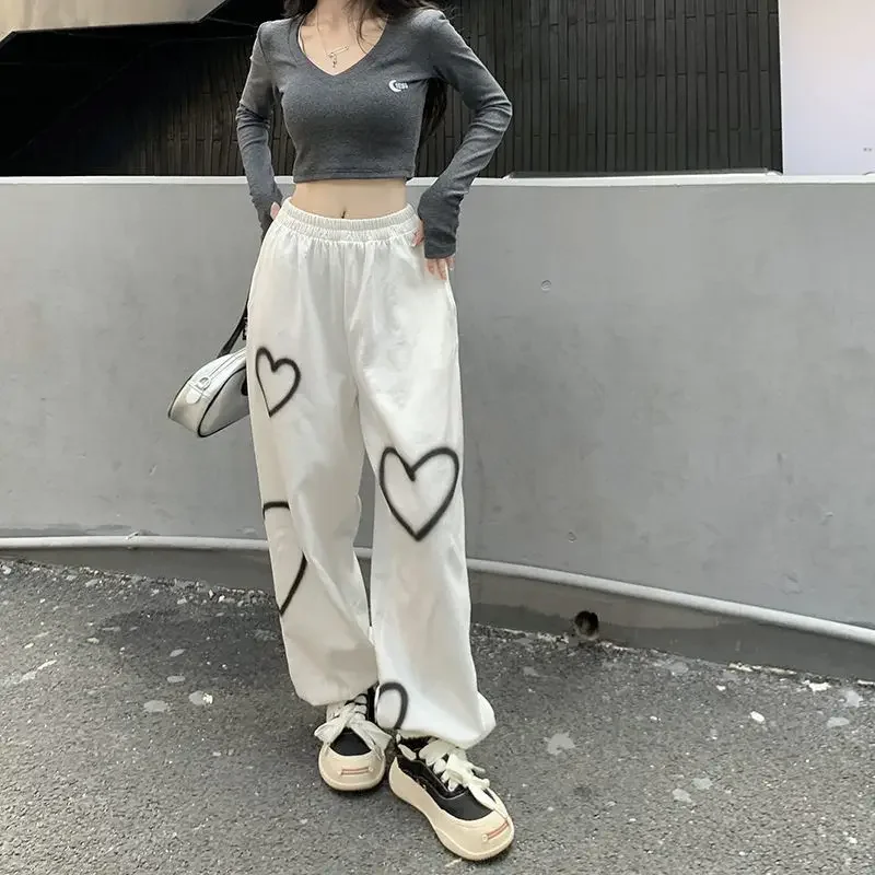 ผ้าฝ้ายเกาหลีStreetwear Hip Hop Heart Sweatpantsผู้หญิงOversizeหลวมสูงเอวBloomersแฟชั่นนักเรียนสบายๆY2kกางเกง