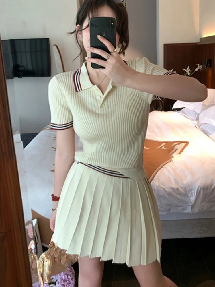 Autumn Knitted Two-piece Skirt Set Women Turn-down Collar Short Sleeve Top Pleated Mini Skirt Korean Fashion Knitting Outfits