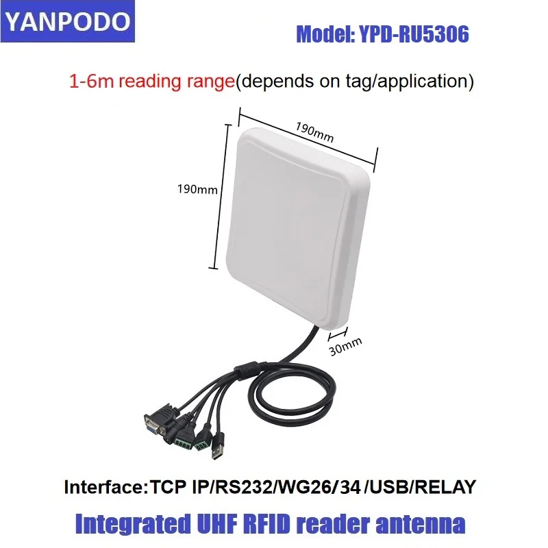 

Yanpodo 5-6m Uhf Rfid Prime Reader Long Range Built in 6dbi Circular Antenna RS232 WG26 RELAY Ethernet for Vehicle Management