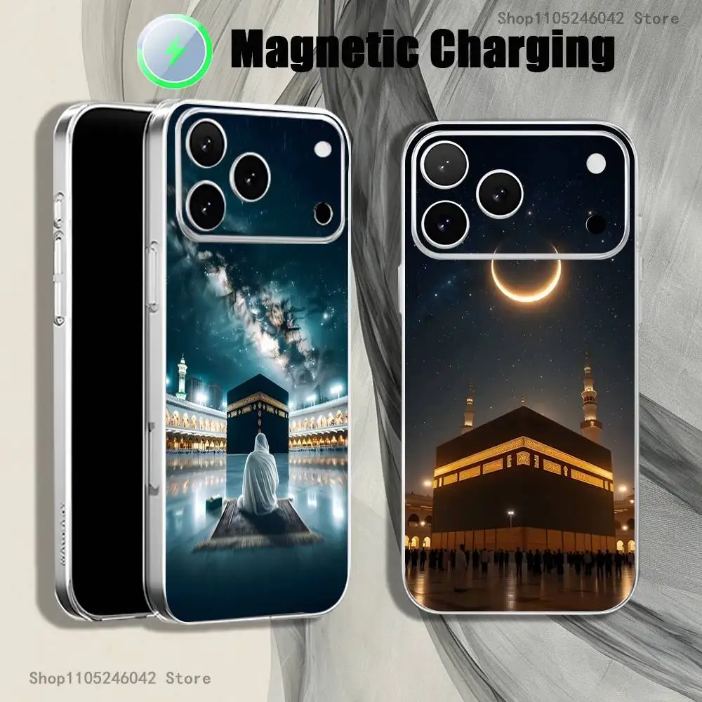 

Moslem and kaaba Magnetic Wireless Charging Transparent White Phone Case For iPhone 17,16,15,14,13,12,11,Pro,Max,Plus,Mini,SE