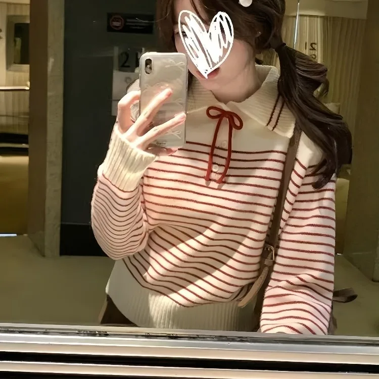 Loose Women's Knitted Sweater Stripe Collar Lazy Sle Autumn Winter Korean Version Chic Aosphere Matching Long Sve Top