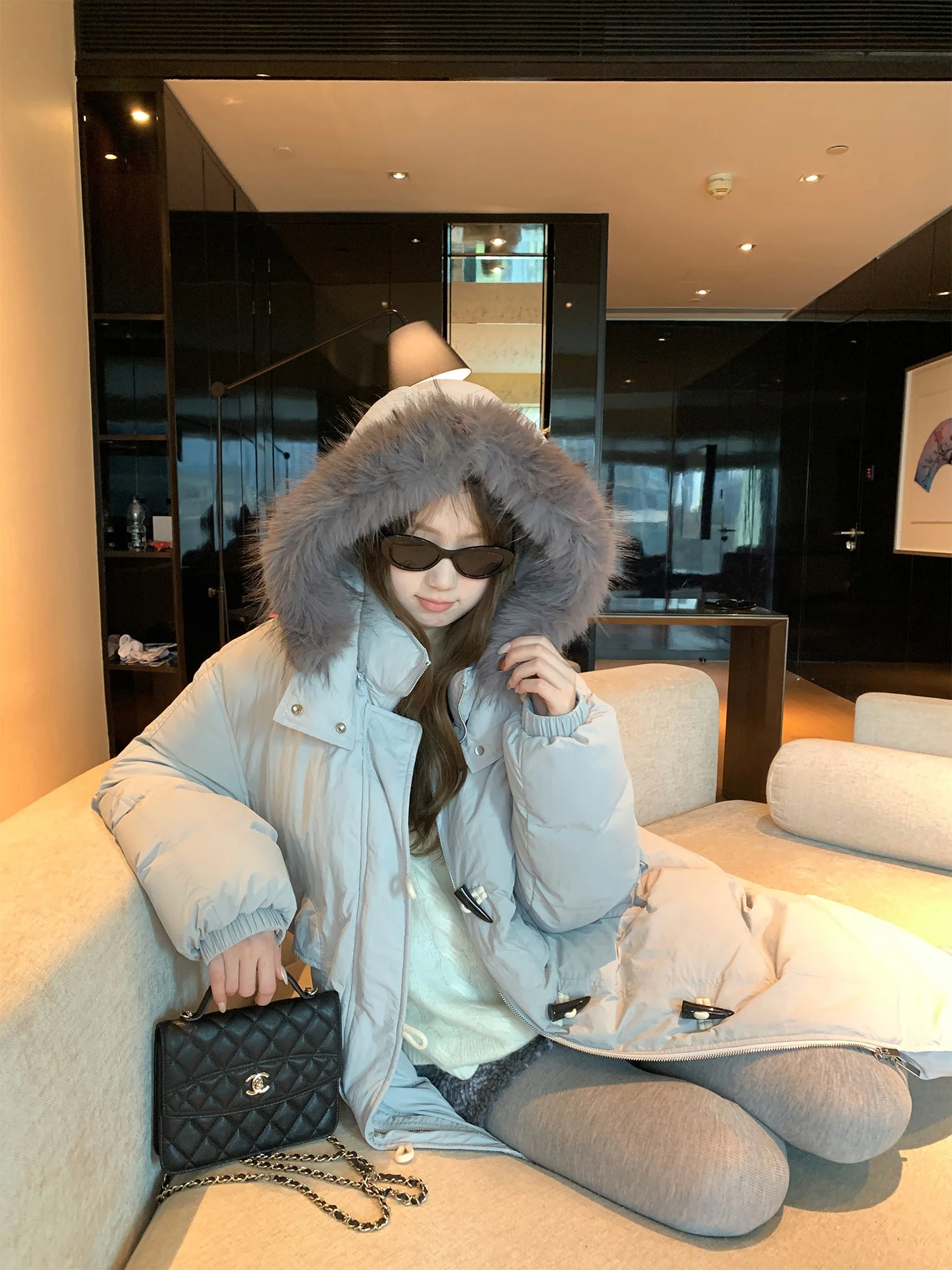 

Korean Sle Thiened Cotton Jaet Women's Winter Coat Long Sve Hooded Mid-Length Fur Collar Button-Up Casual Outerwear