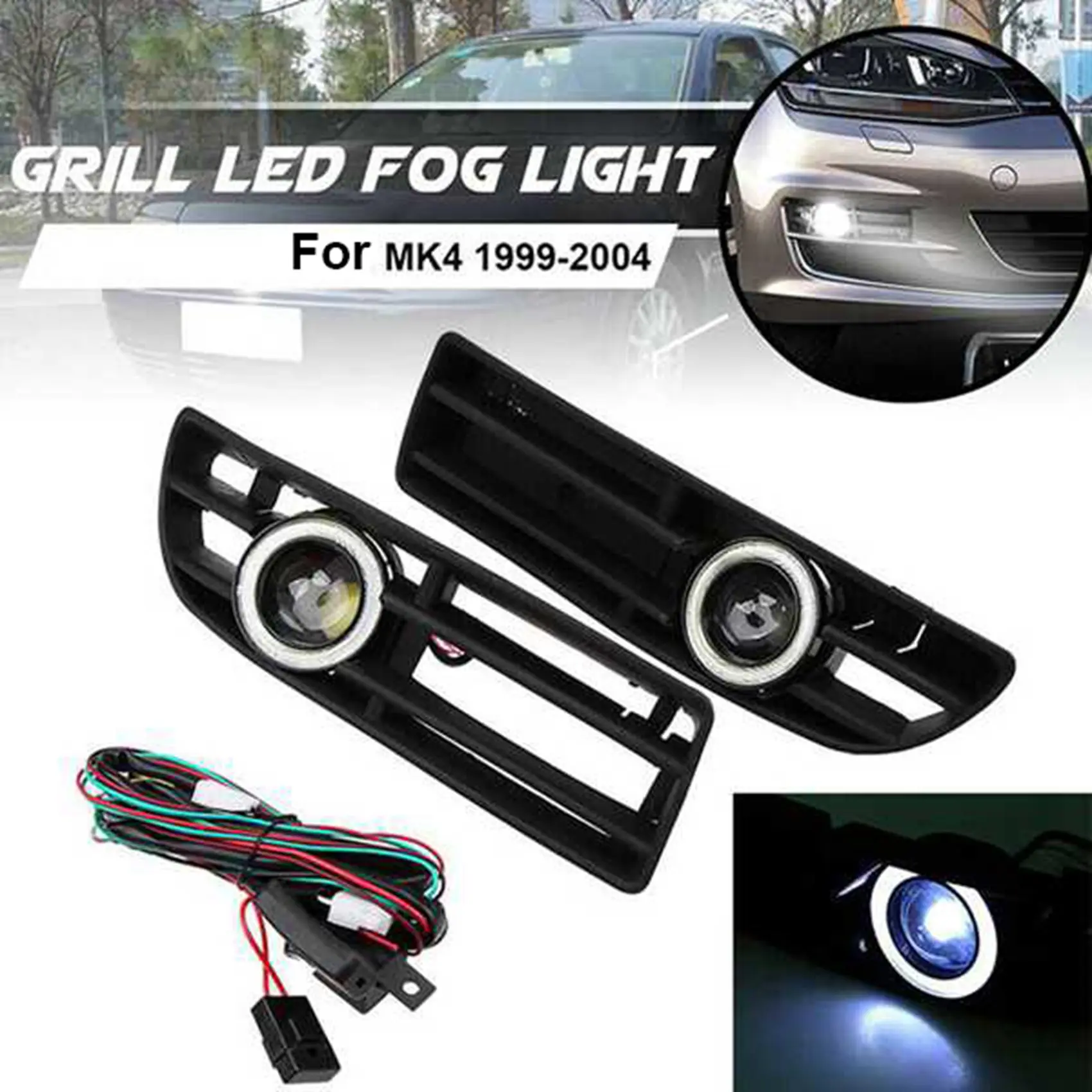 1Pair Fog Lights Angel Eyes Lamp Front Bumper Grille Grill Cover with Wire Kit for MK4 1999-2004