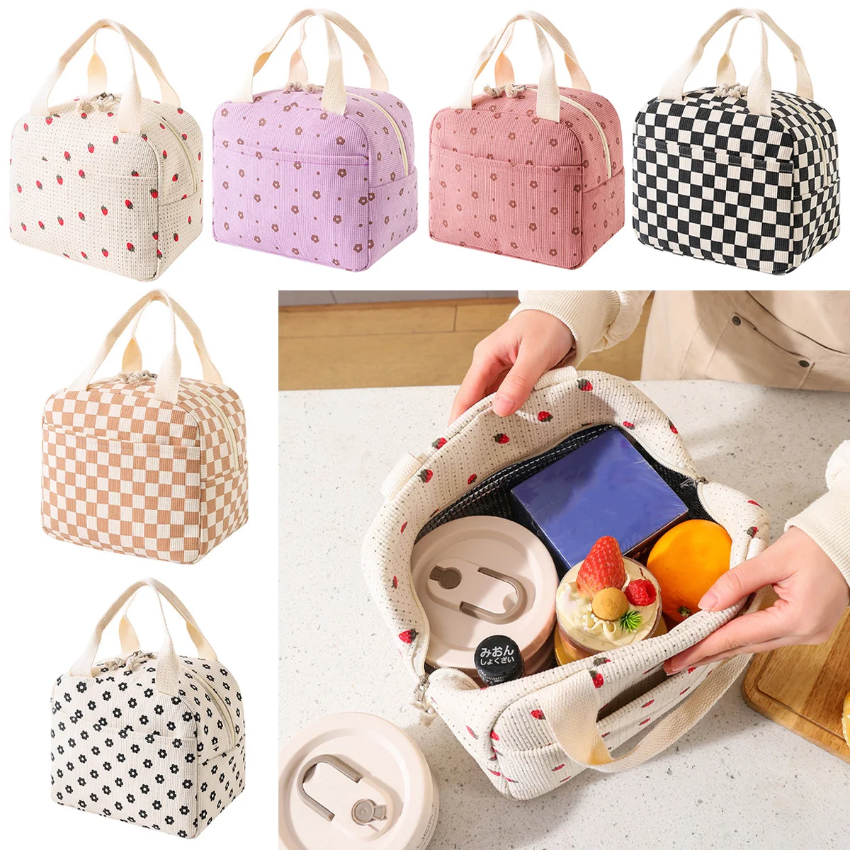 Bolsa de almuerzo de pana elegante, fiambrera de oficina para estudiantes, bolsa de aislamiento térmico, bolsa de comida bonita portátil impermeable, bolsa de hielo A-DH