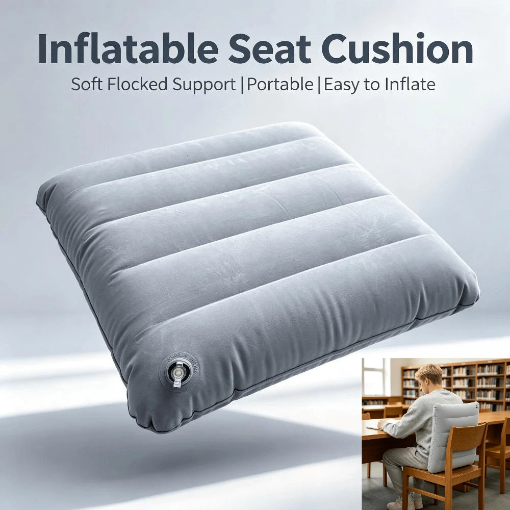 45cm Triangular Travel Pillow Inflatable Office Neck Lumbar Support Pillow Thickened Flocking Leg Rest Pillow for Air Travel