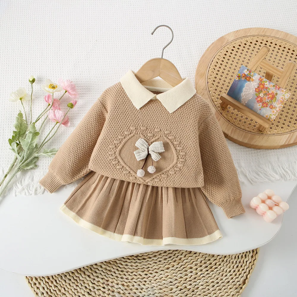 MILANCEL New Autumn Kids Sweater Set 9M-5T Cute Bow Girls Knitted Pullover +Skirts Korean Version Children Fall Knit Outfit