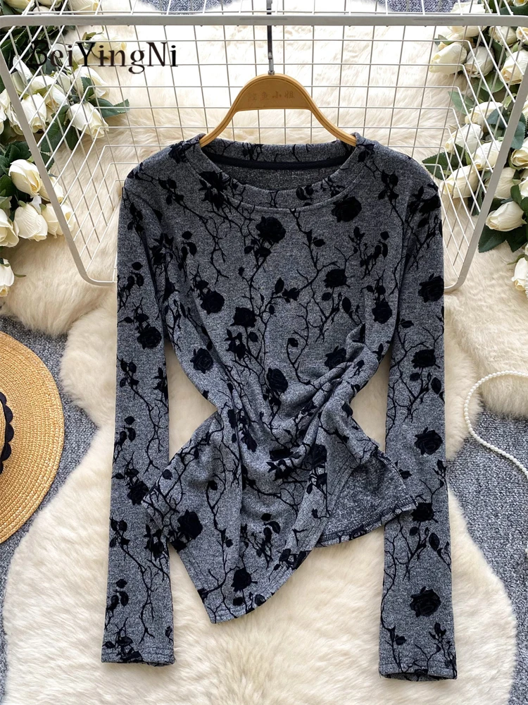 

Beiyingni Kpop Casual Slim Fit Women's T-shirt Irregular Flocking Printed Female Top Vintage High Street Chic O-neck Teeshirts