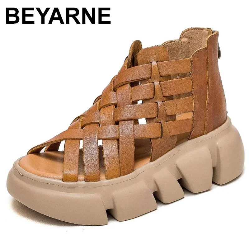 Women Gladiator Sandals Summer Cool Boots Luxury Gesign Genuine Leather Woven Wedges Platform Casual Roman Sandals