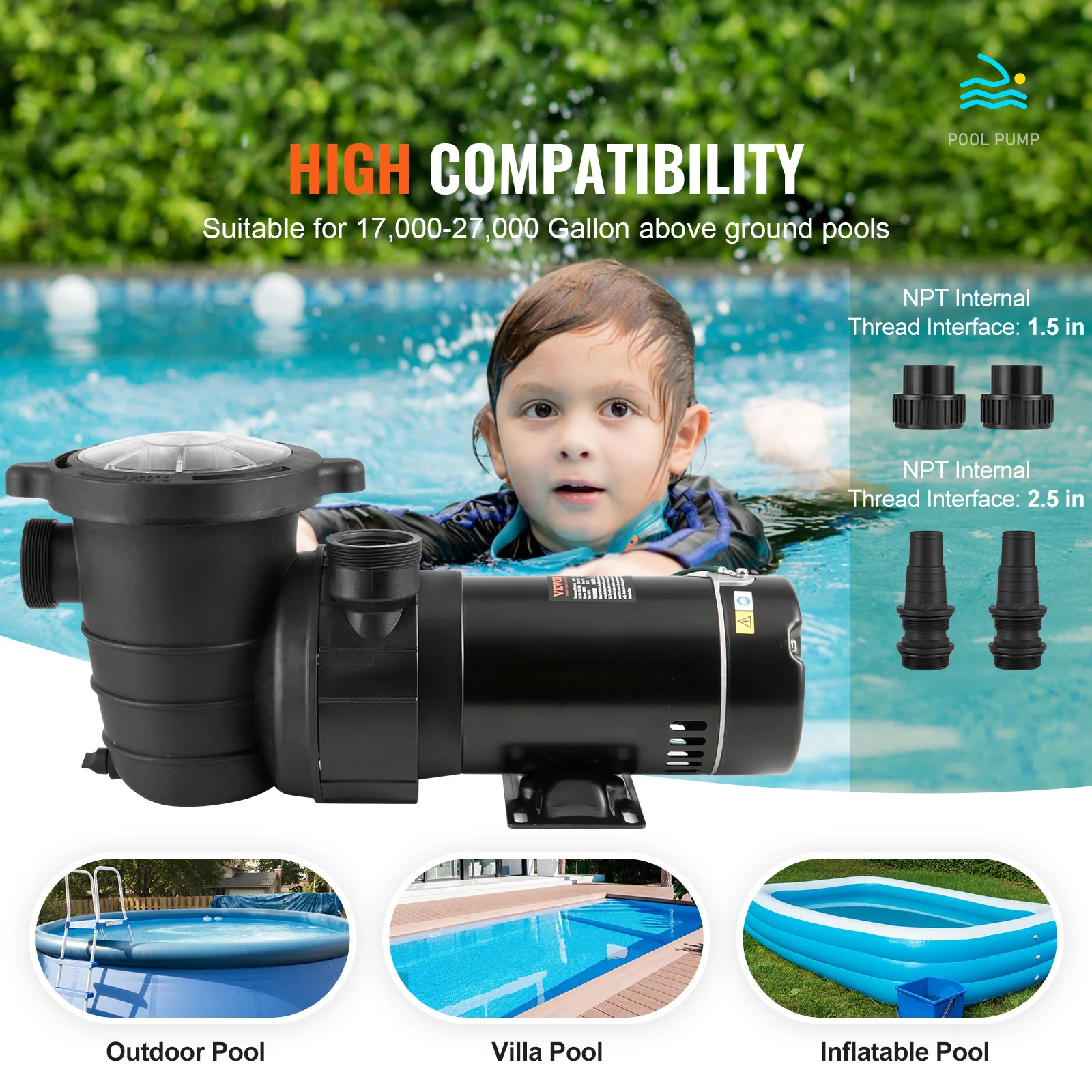 Imagem -04 - Vevor-bomba de Piscina de Velocidade Única com Cesta do Filtro 1hp 1.5hp 2hp para Piscinas Acima do Solo Banheiras Quentes Spas Certificado ul