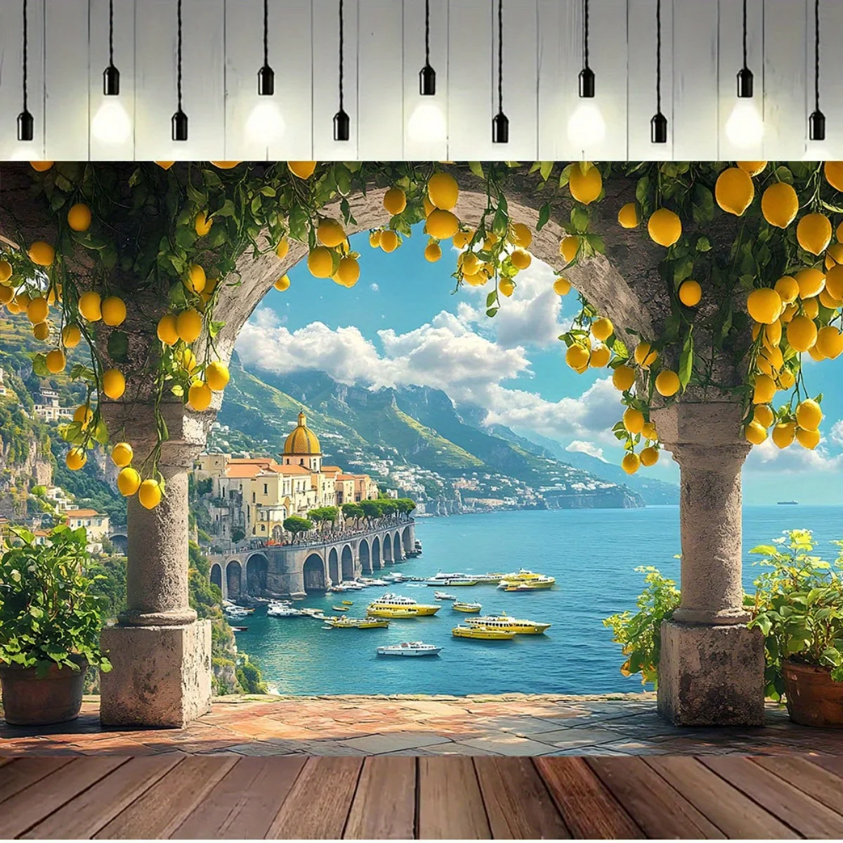 1 pancarta de "Paraíso costero" - con limones y vistas al mar de la Costa Amalfi en Italia, con decoración temática de playa