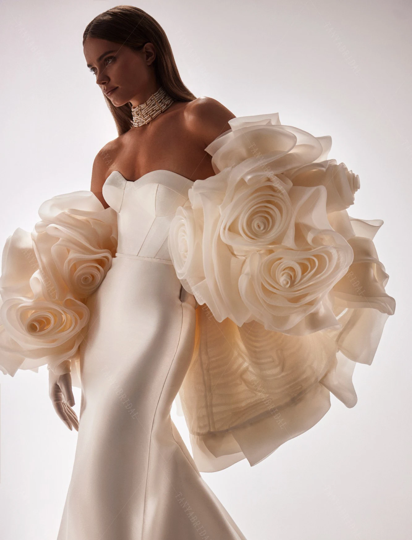 Exclusive Ivory Organza Wrap .Embroidered with Ruffles That Resemble Flowers. Short Bridal Cape  DJ367