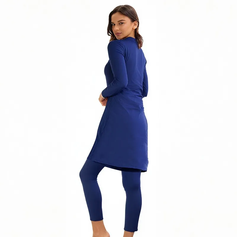 Navy Blue Swim Dress Long Sleeve Diagonal Stripe Swimdress Knee Length Round Neck Swimming Dress Side Slit Rash Guard Dress