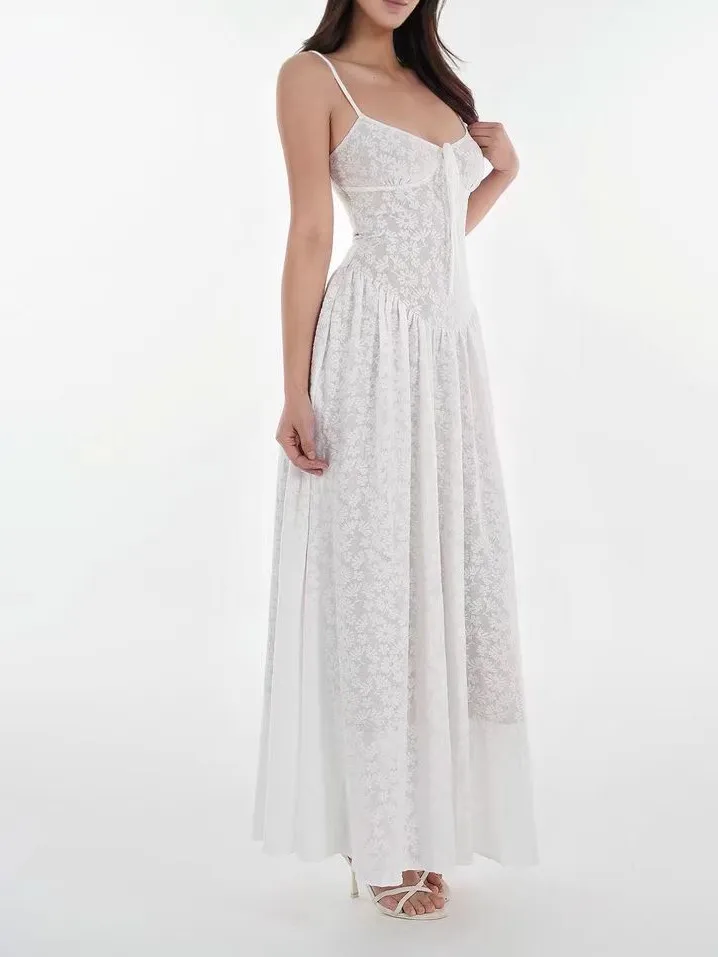 White Lace Elastic French Style Open Cardigan Strap Long Dress Set Jim Kennet High Waist A-Line Skirt U-Neckline Sleeveless