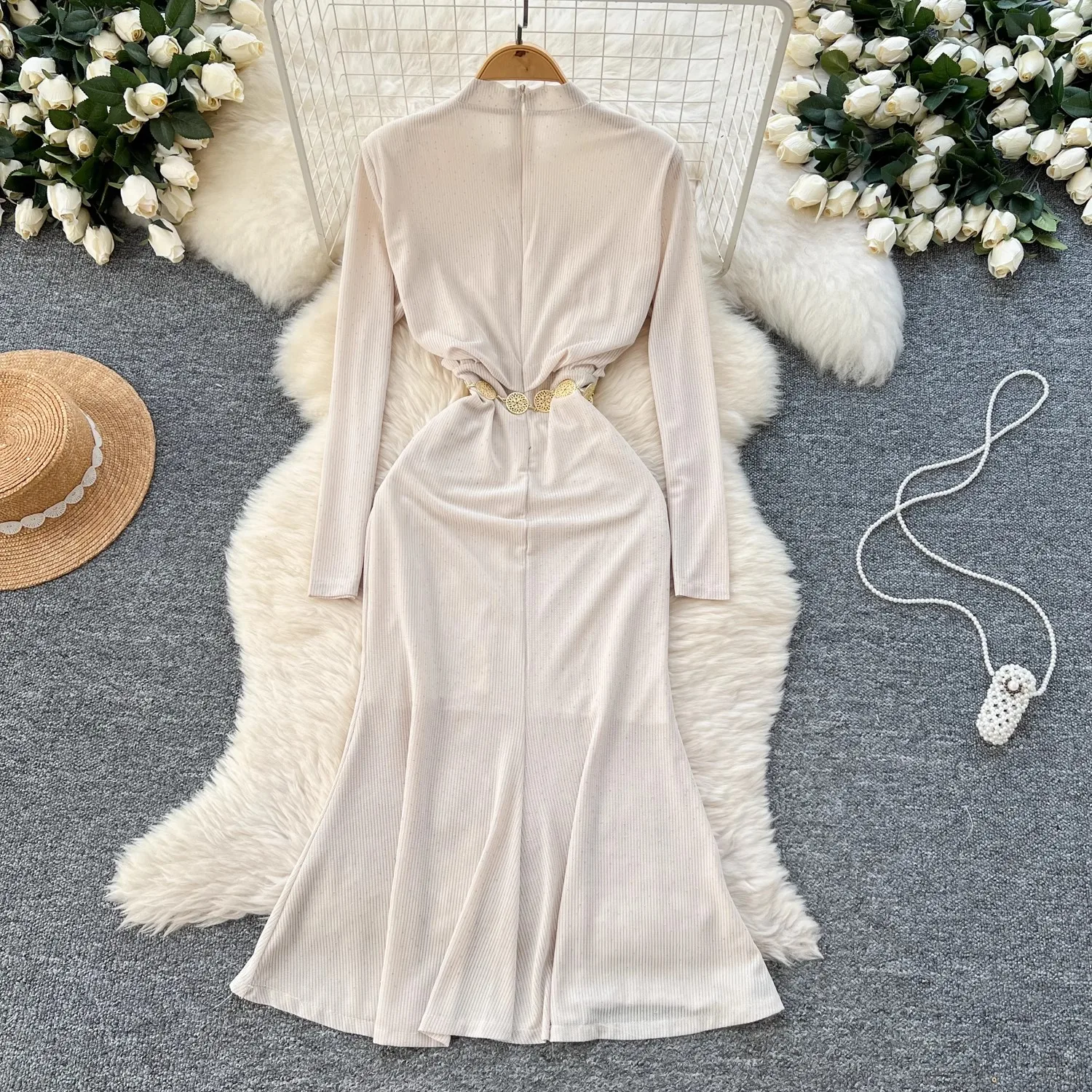 살구 자수 플레어 블링 드레스 여성 우아한 streetwear 긴 소매 의류 레이디 활주로 디자인 세련된 vestidos bodycon