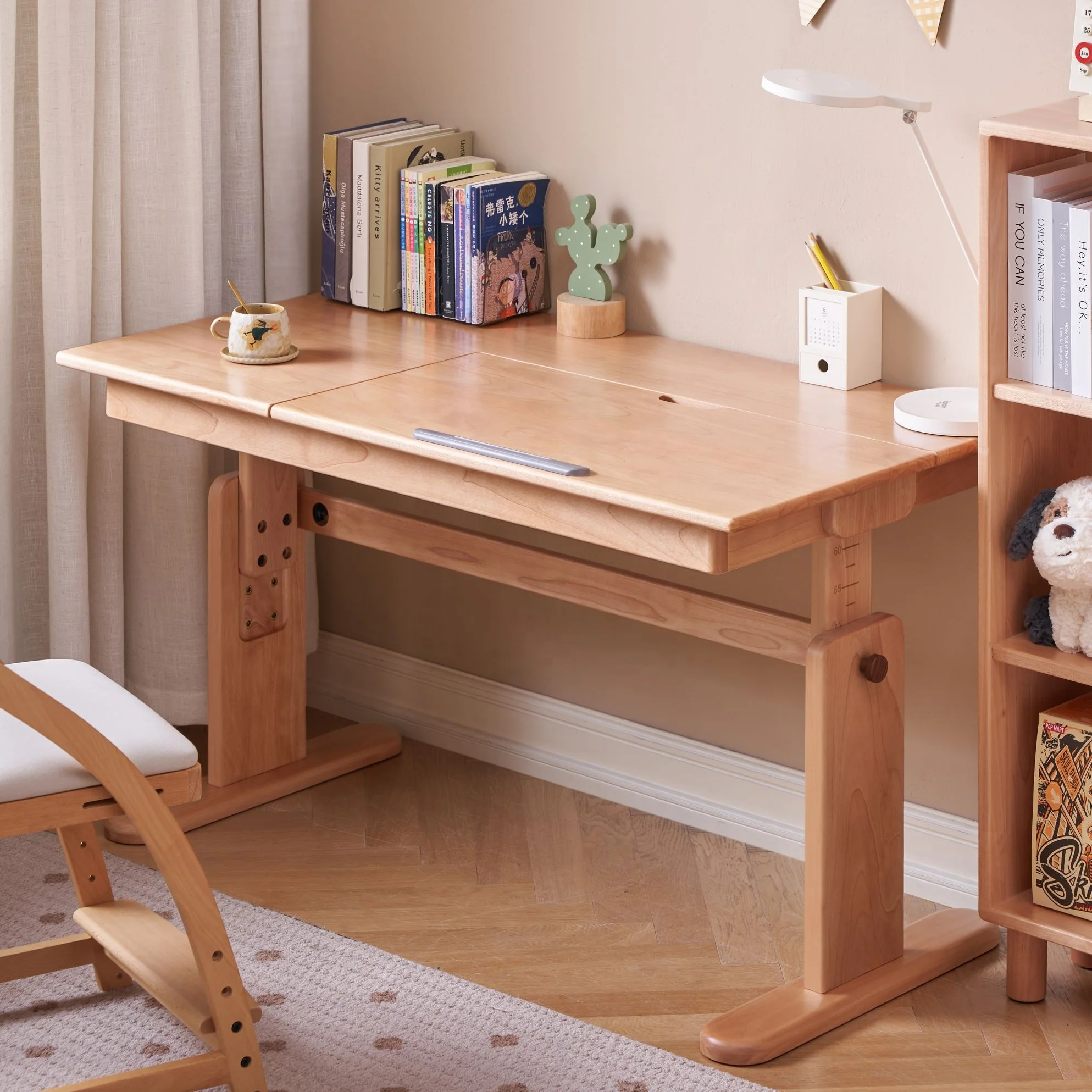 -oo P1162 Competitive Price Wooden Multi-Functional Red OAK Wood  Study Table  Adjustable Desk With Storage