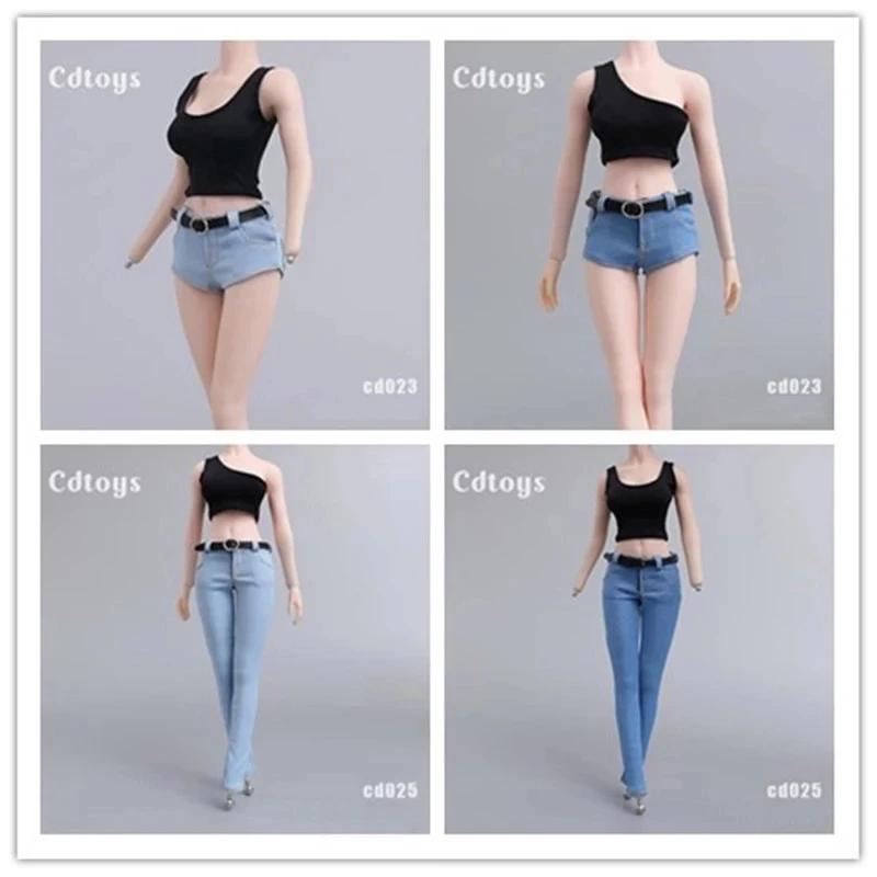 1/6 Scale Female Black Sexy cdtoys cd023 cd025 Low-cut Short Vest Long Jeans Denim Shorts Pants with Fit Belt 12'' Figure Body