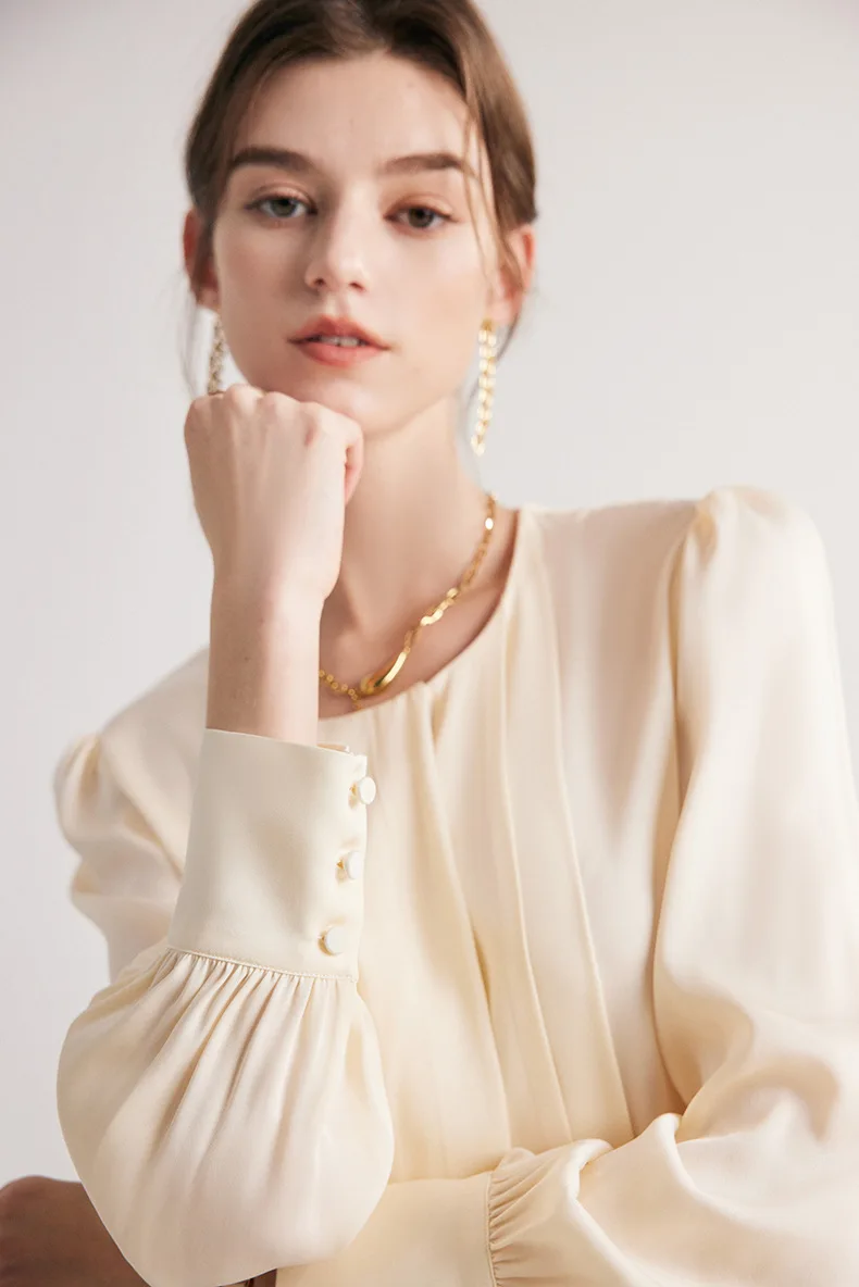 90% Silk 10% Spandex Women's Shirt O Neck Line Sleeves Pleated Elegant Fashion Blouse Tops