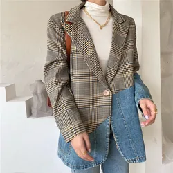 Jesienna koreańska moda Denim Spliced Plaid Blazer Coat Women England Style Big Pocket Suit Jacket Female Loose Mid Long Blazers