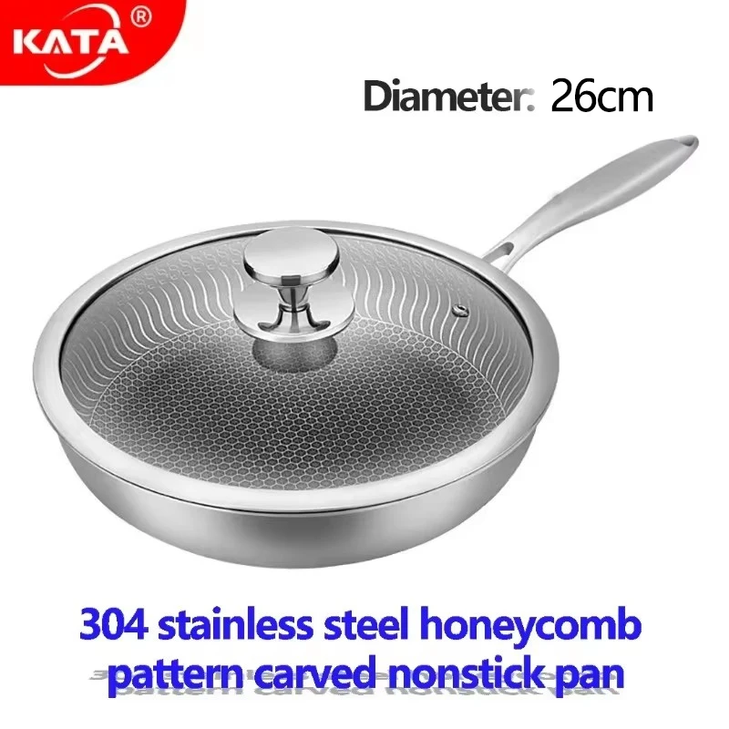 

304 Stainless Steel frying Pan with Glass Lid, Nonstick non-toxic Cooker, Stir Fry Fried Pots, Suitable All Stoves, Home Kitchen