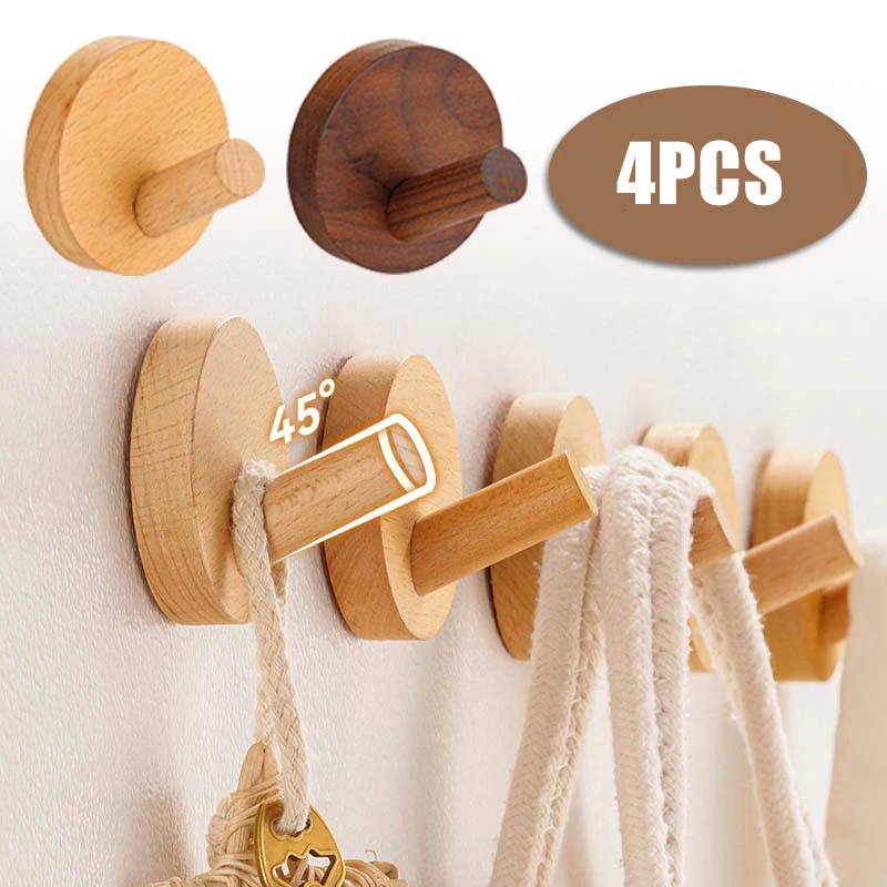 4PCS Solid Wooden Coat Hook Clothes Towel Key Holder Hanger For Hanging Handbag Hat Storage Rack Home Bathroom Kitchen Organizer