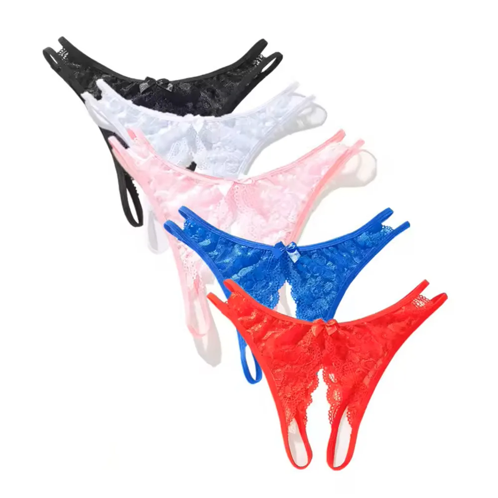 Lencería Sexy de 3 Piezas para Mujer, Bragas con Abertura en la Entrepierna, Tangas Transparentes con Encaje, Tanga sin Entrepierna con Lazo