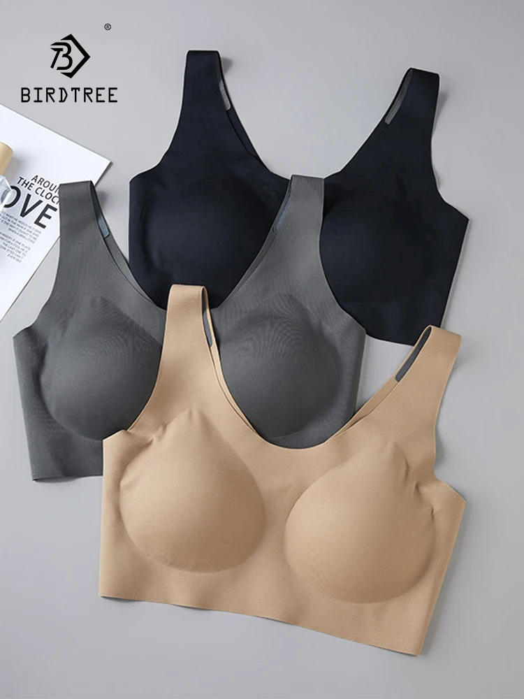 

BirdTree Lining 34.9%Real Silk Sport Bra, Women One Piece, Traceless Wire Free Sexy Breathable Underwear, 2024 Summer P41959QC