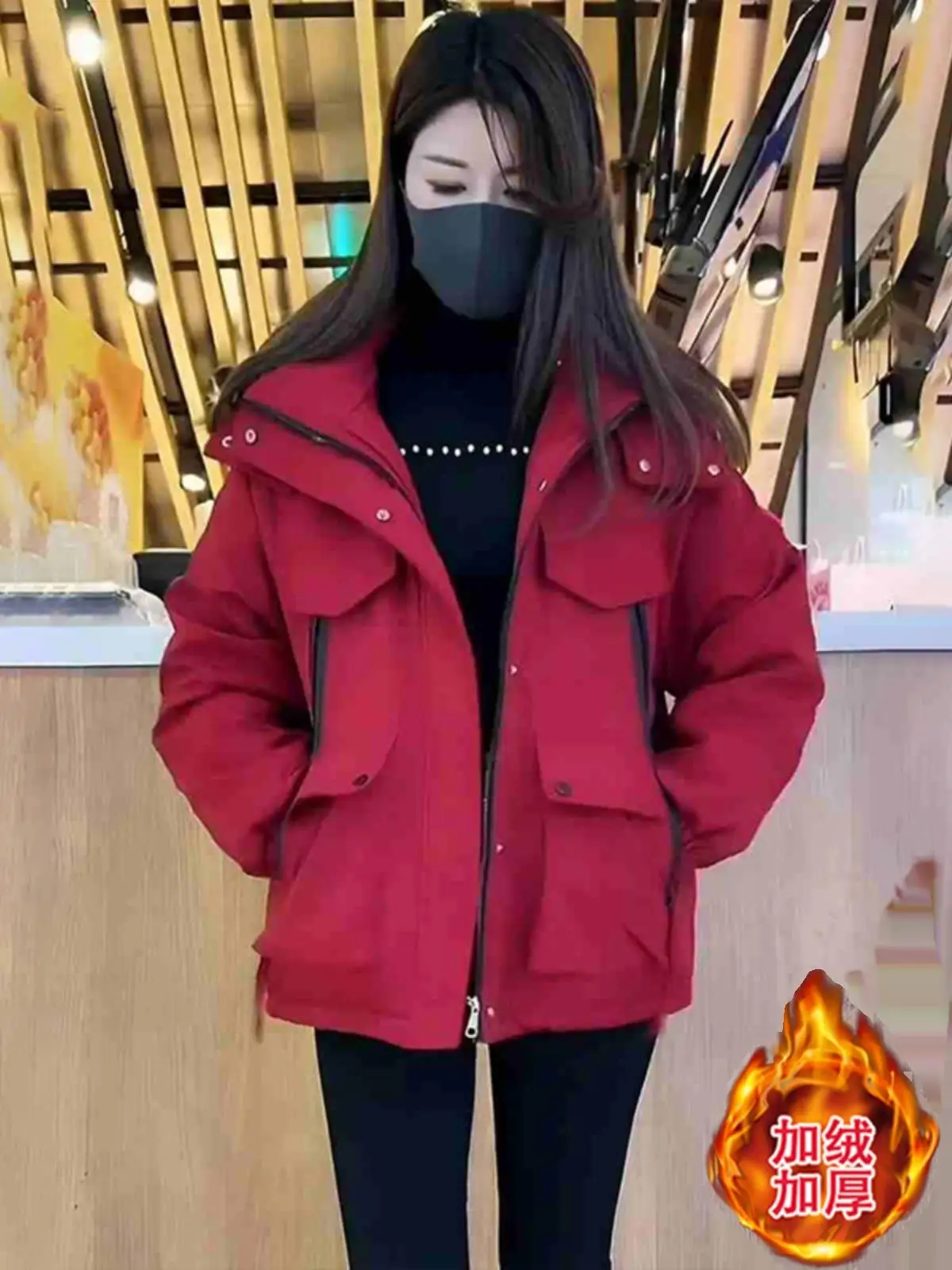 

Куртка в корейском стиле с флисовой подкладкой и капюшоном, осенне-зимняя, женская, теплая, повседневная, свободного кроя, рабочая одежда, хлопковое пальто, утолщенная короткая верхняя одежда