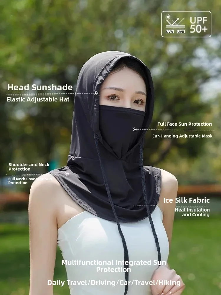 Women's Summer New Ice Silk UV Protection Face Mask Scarf Neck Protector Integrated Hat Breathable Sunscreen Accessory