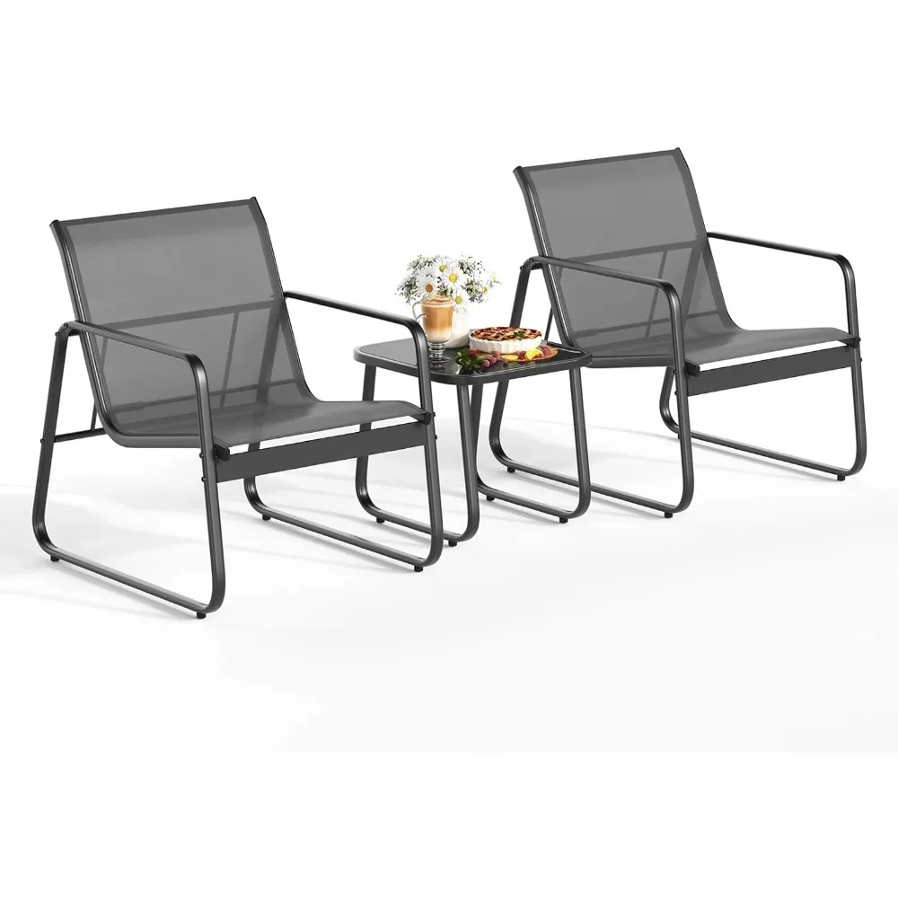 Patio Chairs 2 Piece Set, Patio Furniture Set with Metal Frame Glass Table for Balcony, Lawn, Black image 3