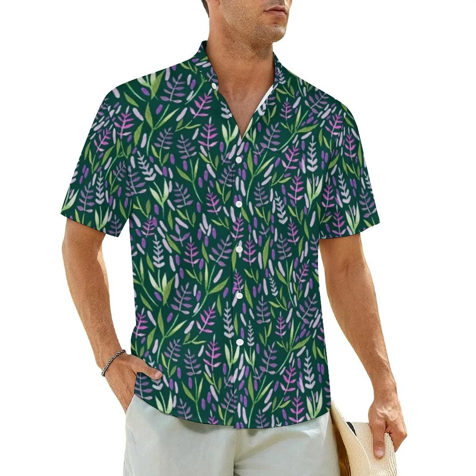 

Purple And Pink Lavender Casual Shirt Green Leaves Elegant Hawaiian Shirts Mens Short Sleeve Vacation Fashion Oversized Blouses