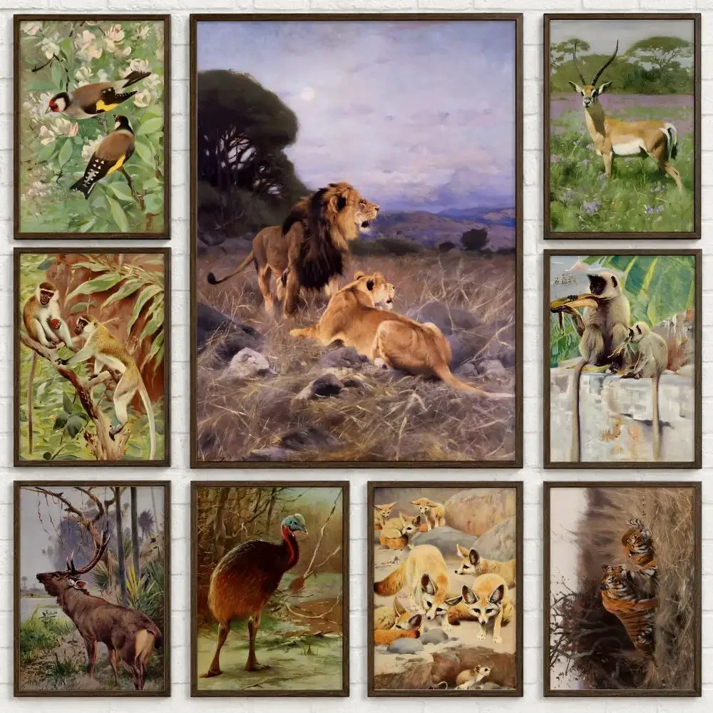 Wildlife Artist Friedrich Wilhelm Kuhnert Poster Self-adhesive Art Waterproof Paper Sticker Coffee House Bar Room Wall Decor