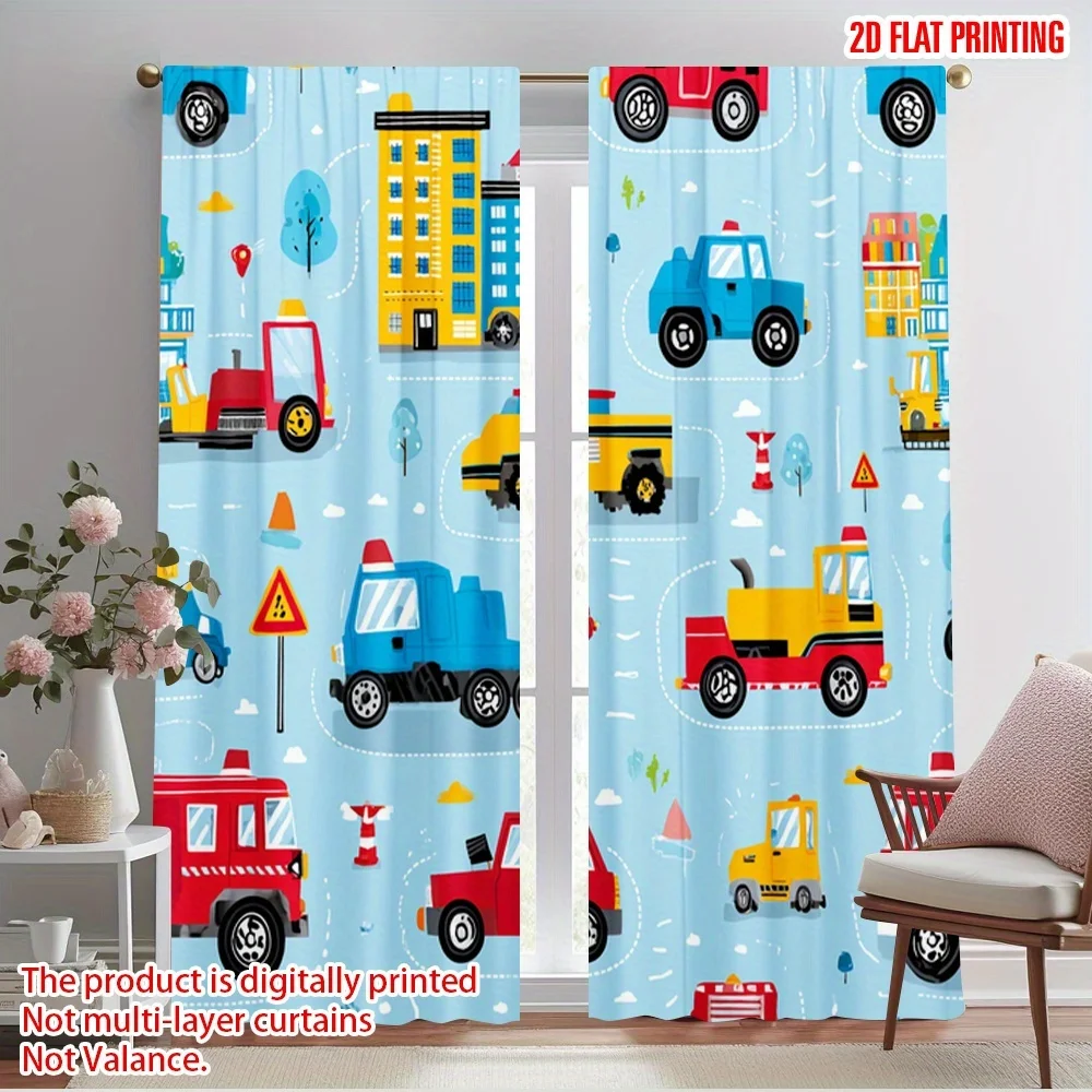 Cute Cartoon Truck Pattern Curtains for Kids Nursery Room Window Decor Playtime Vehicles Emergency Service Digital Print Curtain