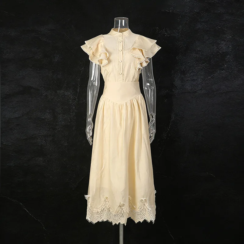High-end Stand Collar Three-piece Set Dress Apricot Solid Single Breasted Maxi A-line Dress Vintage French Elegant 2026 New Suit
