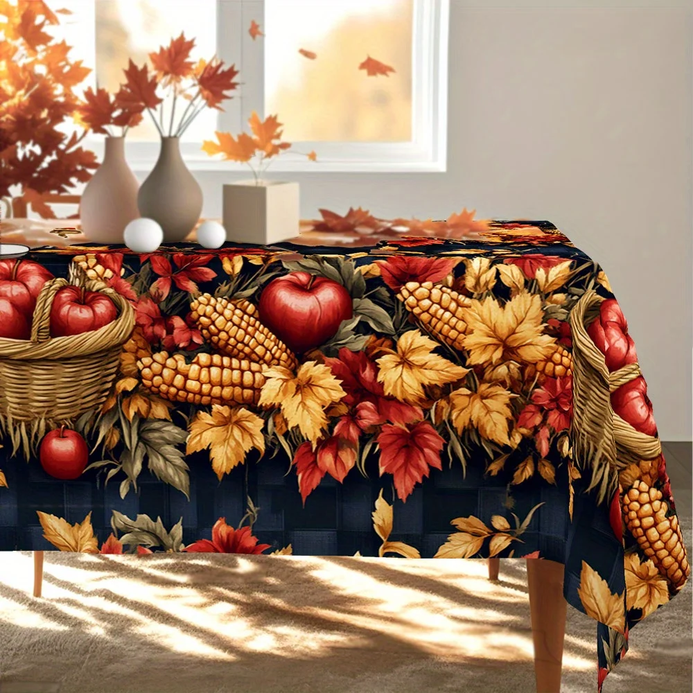 Autumn harvest-themed tablecloth with apple, corn and maple leaf patterns, in an American country style.zyc