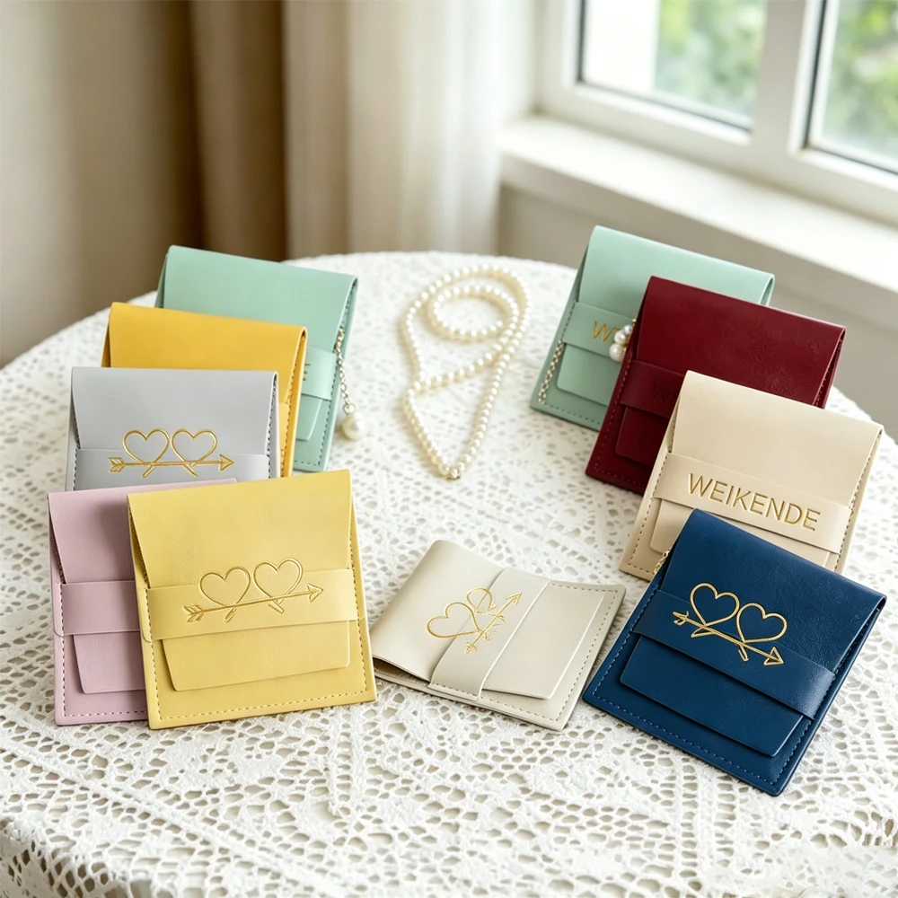 

100Pack Personalized Logo PU Leather Gift Bag Jewelry Packaging Pouches Wedding Favor Package Necklace Bracelet Key Earring Sack