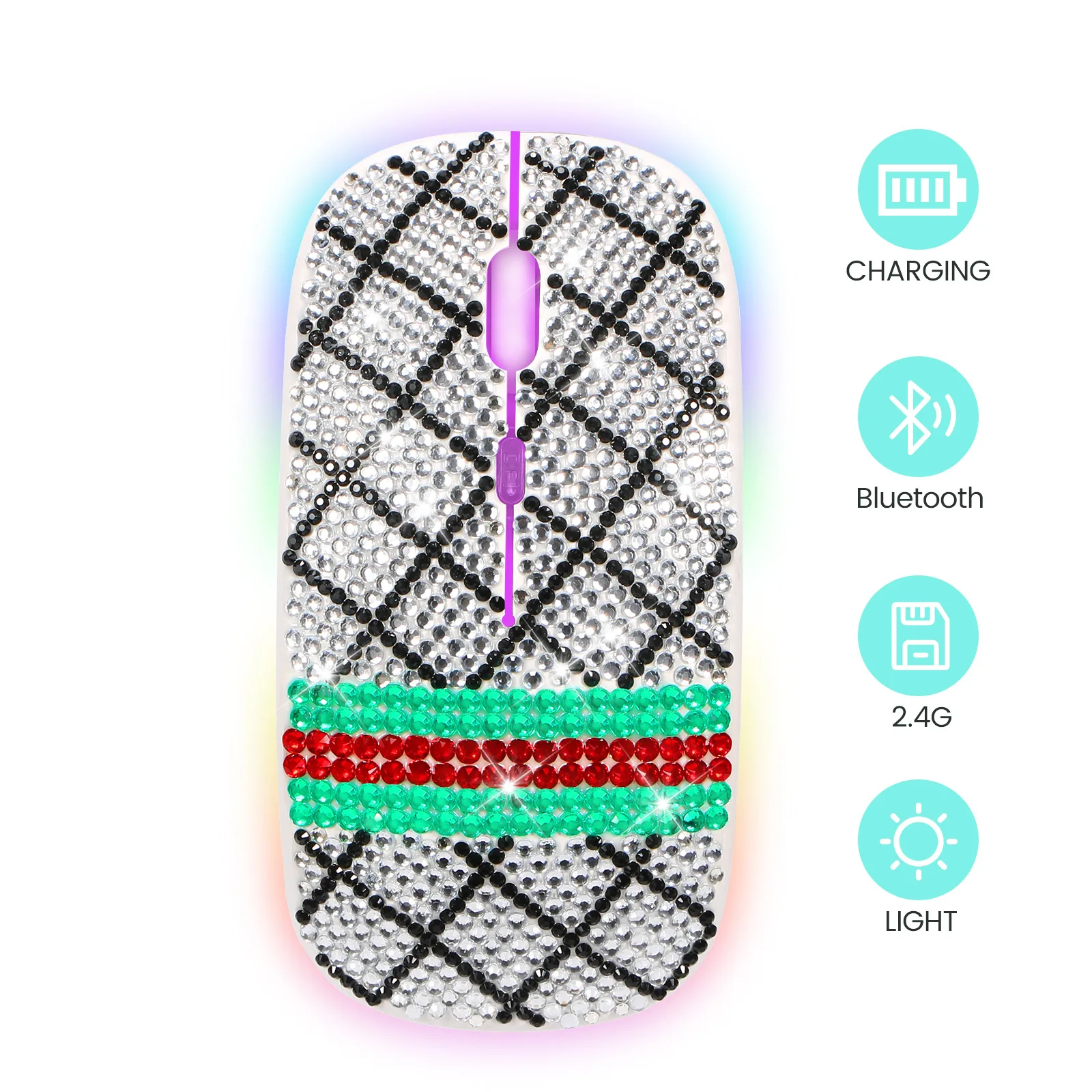 Wireless Bluetooth Mouse with Ancient Diamond Inlay Transparent Lightweight Ergonomic Dual-Mode Charging Mouse for Office Use