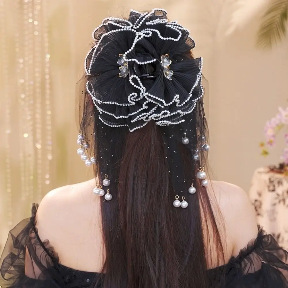 

Elegant Mesh Peony Flower Hair Clips Organza Sequin Tassel Pearls Tassels Hair Claw Fluffy Shark Clip Hair Accessories