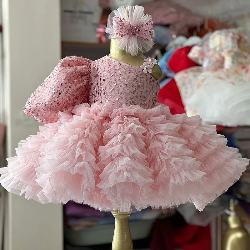 New baby dress wedding 0-12 years old sequin puff sleeve mesh fluffy birthday party elegant girl princess dress