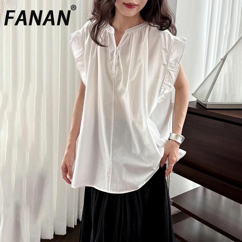

FANAN Elegant Ruffles Sleeve Design Pullover Shirts Women's Round Neck Solid Casual Loose Blouses Female 2025 Summer New